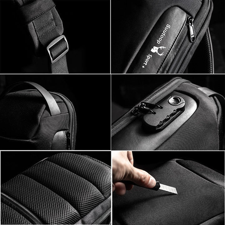 Détail du port USB externe sur sac bandoulière homme antivol, résistant à l'eau. Recharge smartphone en déplacement.