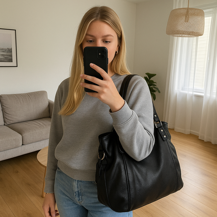 Sac femme chic, porté épaule, en cuir souple, élégant et pratique.