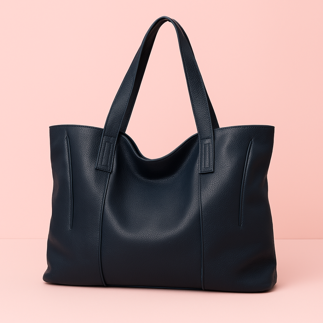 Élégant sac cabas Sofia, grand format, en cuir bleu marine, pour femme, idéal pour le travail.