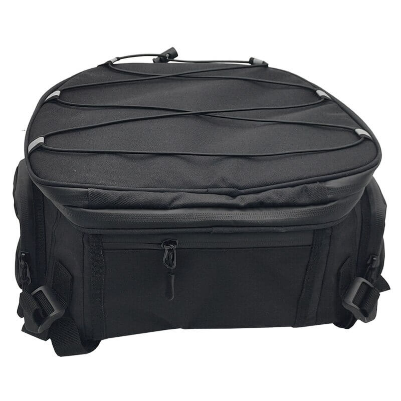 Sac de rangement moto pliable noir, multi-compartiments, parfait pour organiser votre équipement de motard.