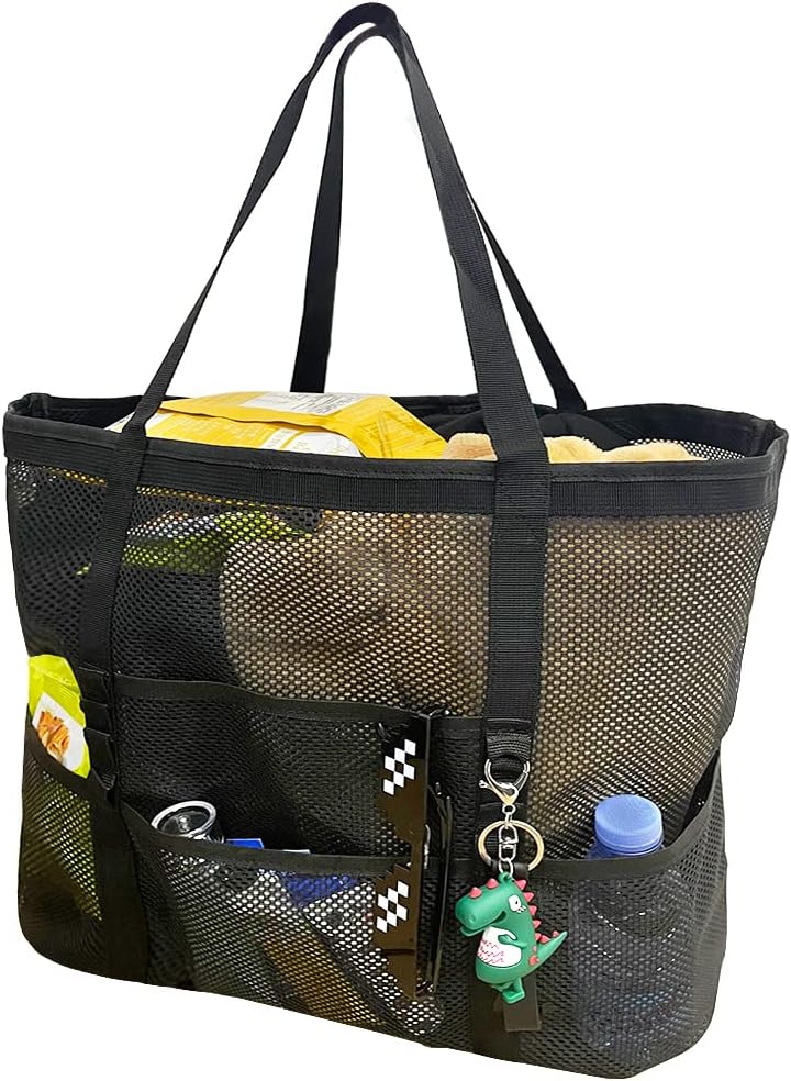 Sac de plage unisexe en maille avec 9 poches, idéal pour la famille. Léger et pliable pour l'été et la piscine.