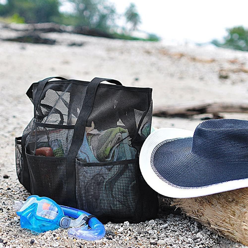 Organiseur de sac cabas pliable en maille pour plage et voyage. Sac léger unisexe avec multiples poches.