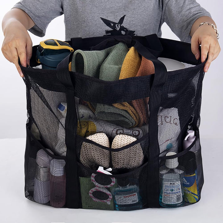 Grand sac de plage cabas en maille respirante avec 9 poches, parfait pour organiser les accessoires d'été.