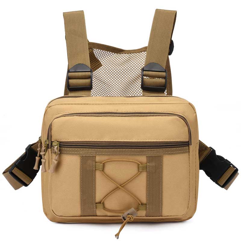 Sac de poitrine tactique noir, déperlant, idéal pour l'aventure urbaine, la randonnée et la sécurité.