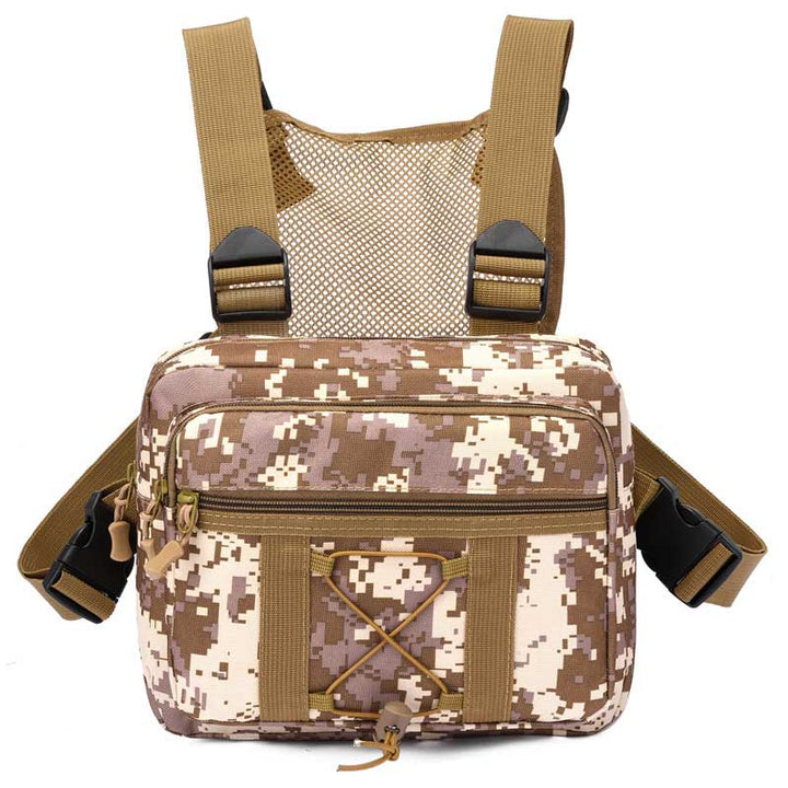 Sac de poitrine unisexe résistant à l'eau, style tactique, pour randonnée, aventure et sécurité en voyage.