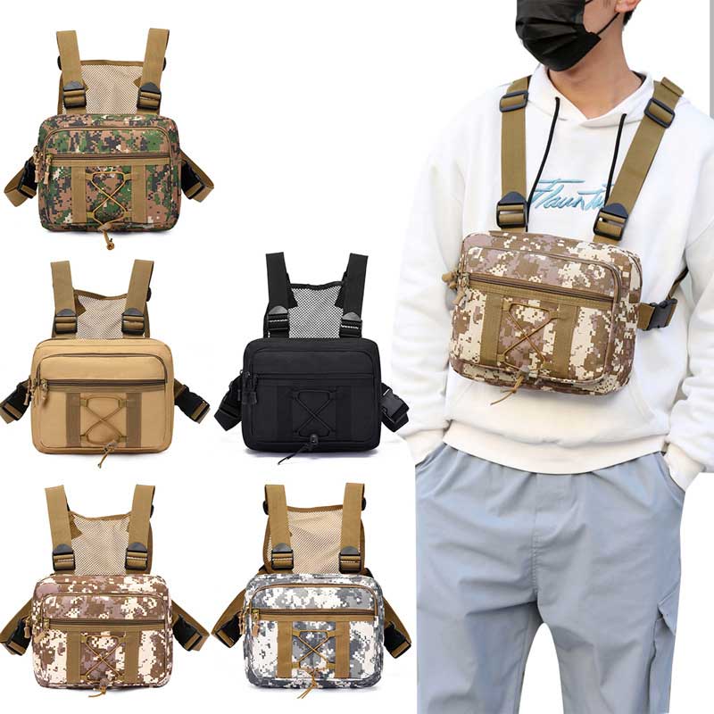 Sac de poitrine tactique noir, déperlant, essentiel pour l'aventure en extérieur, randonnée et sécurité des biens.