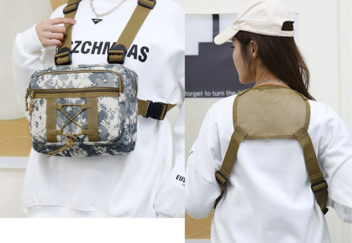 Sac de poitrine tactique, coloris kaki, déperlant, indispensable pour l'aventure en extérieur et la randonnée.