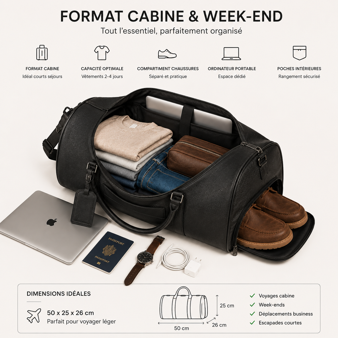 Sac de voyage homme en cuir véritable marron, format cabine, avec bandoulière, parfait pour voyage.