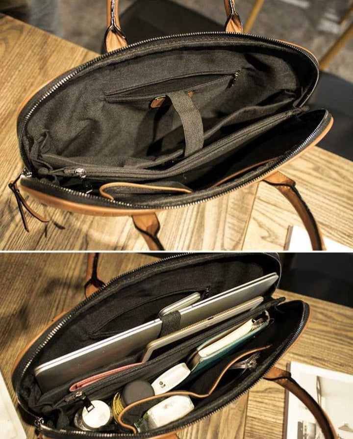 Sac élégant pour ordinateur portable femme, en cuir PU marron, style professionnel pour le bureau.