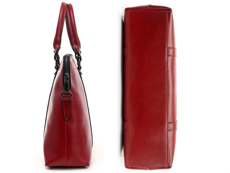 Détail du sac ordinateur femme en cuir, avec fermetures éclair robustes et finitions soignées pour usage professionnel.