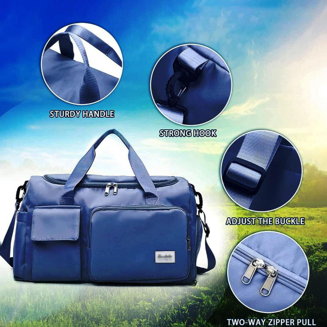 Sac de gym fonctionnel avec poche à chaussures séparée, idéal pour transporter équipement sportif et affaires personnelles.