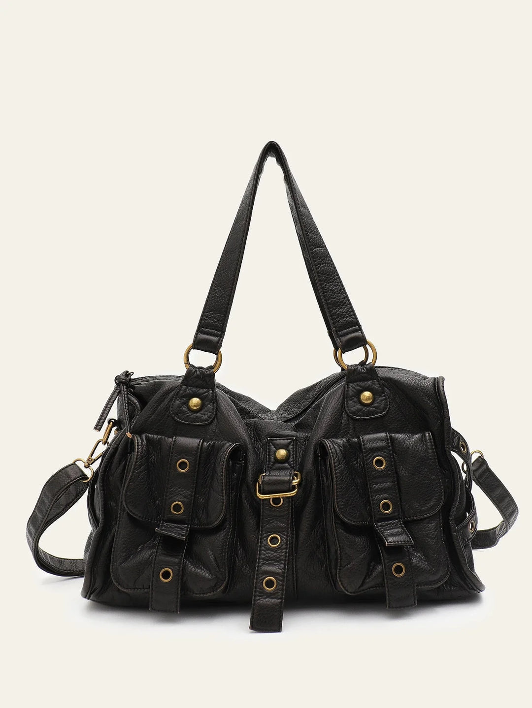 Sac à main femme noir spacieux, style rock chic, avec bandoulière, idéal pour le bureau ou les cours.