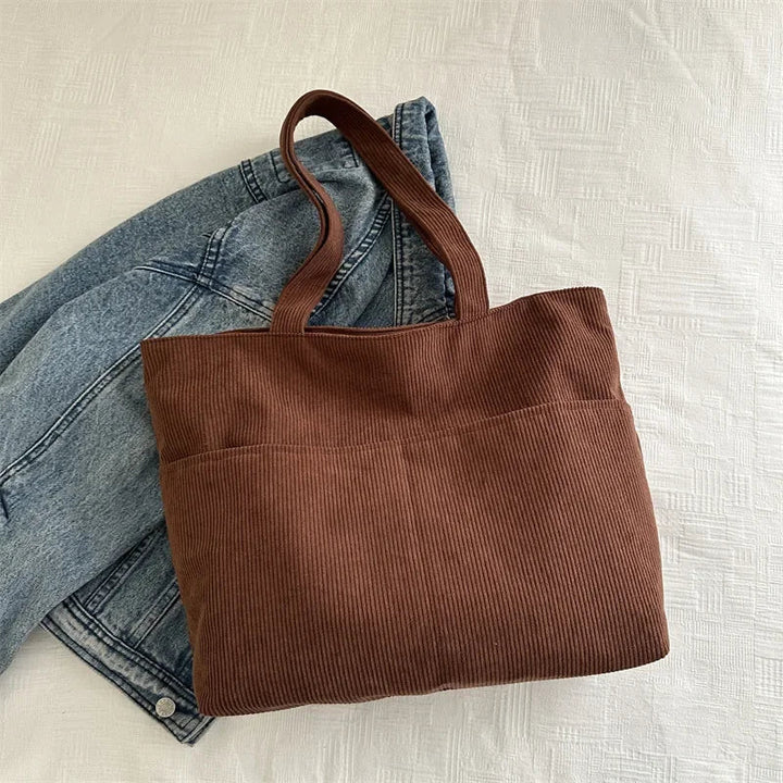 Sac cabas femme en velours côtelé, doux et plein, sac bandoulière original pour l'automne.