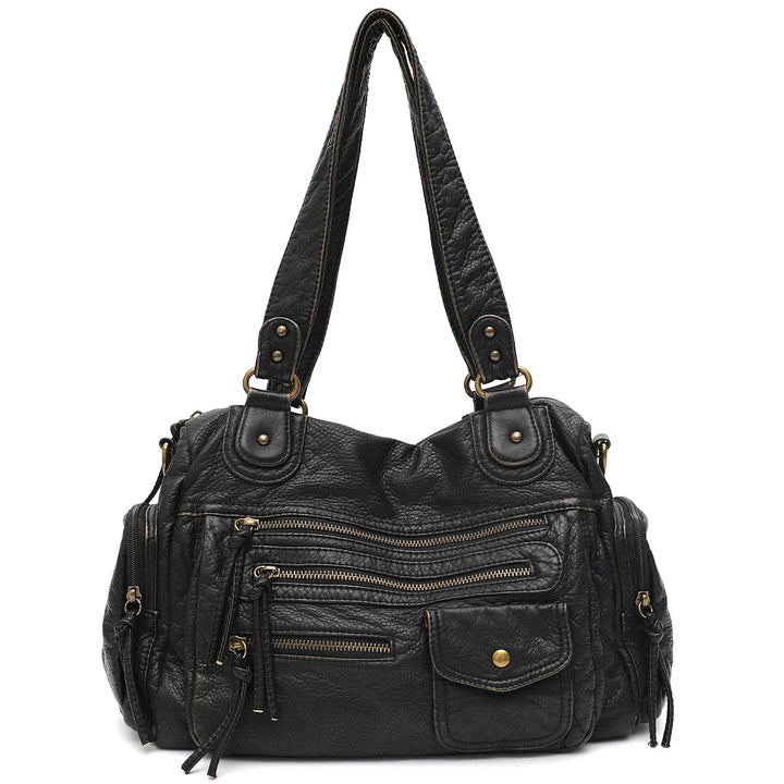 Élégant sac cabas femme vintage en similicuir noir, parfait pour le quotidien avec sa bandoulière pratique.