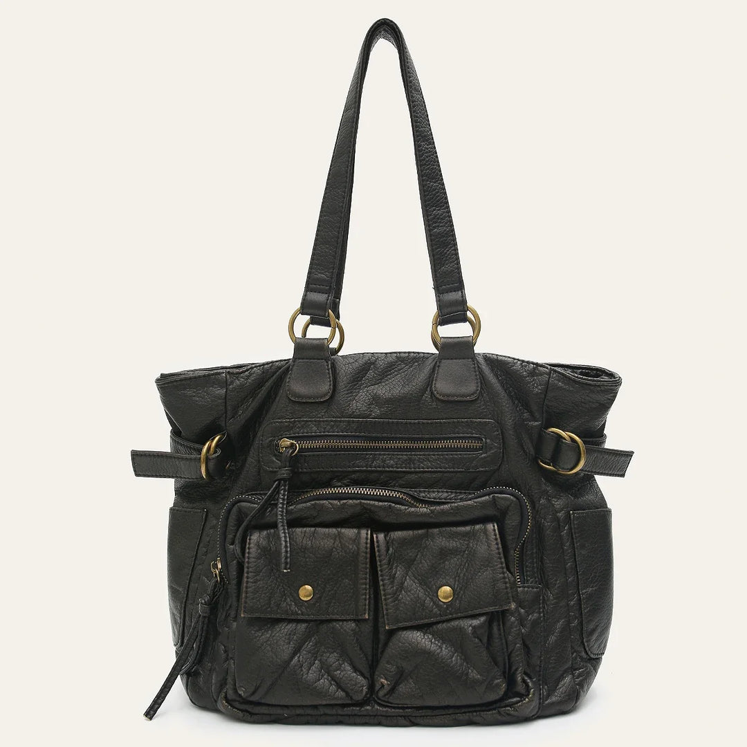 Sac de cours spacieux pour étudiante, en cuir synthétique noir, idéal pour les livres et ordinateur portable.