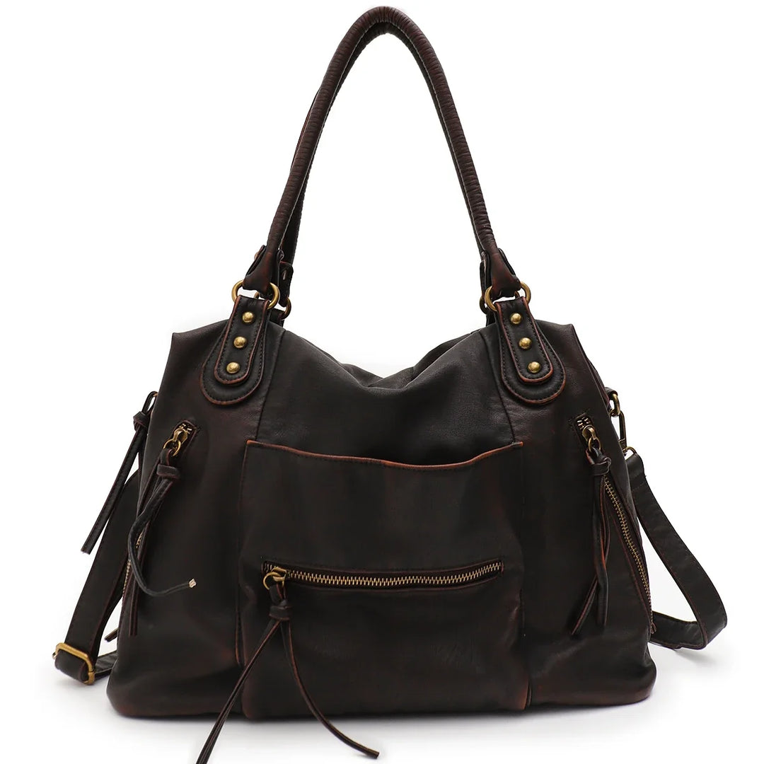 Sac épaule femme en similicuir noir, peut aussi se porter en bandoulière, idéal pour cours ou bureau.