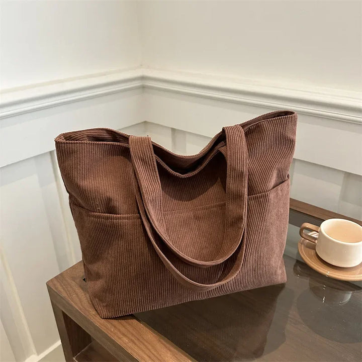 Sac cabas femme en velours côtelé doux, style élégant, parfait pour l'automne/hiver.