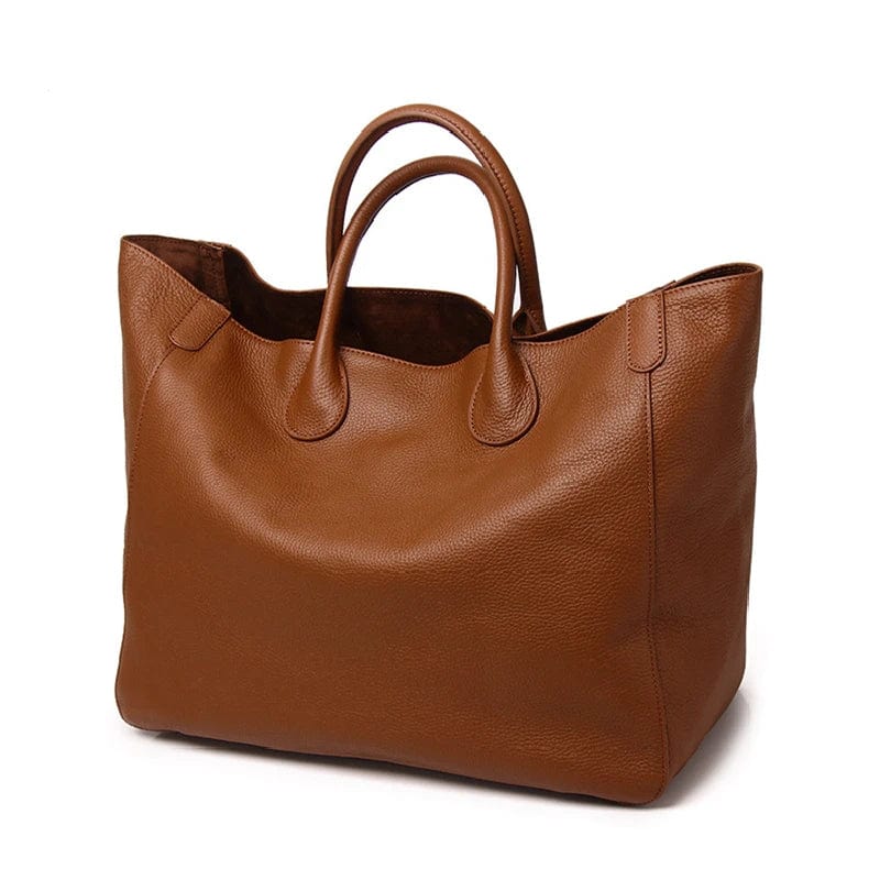 Sac femme camel en cuir véritable, style cabas. Idéal pour un usage quotidien ou comme sac shopping chic et spacieux.