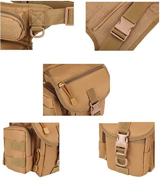 Sacoche cuisse tactique noire homme, multiples poches, fixation MOLLE. Robuste, pratique pour outdoor, moto.