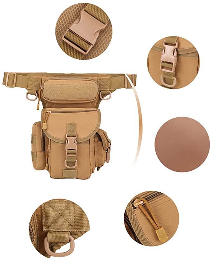 Sacoche de cuisse robuste pour homme, style tactique. Parfaite activités outdoor, moto, usage quotidien.