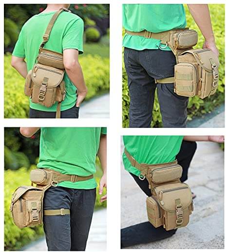 Sacoche tactique homme noire, ergonomique pour cuisse, multi-poches. Pratique moto, outdoor, aventure.
