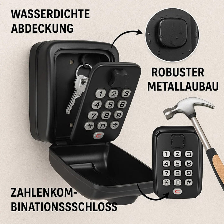 Accès sécurisé aux clés via coffre-fort extérieur à code. Rangement pratique pour maison, location ou urgence.