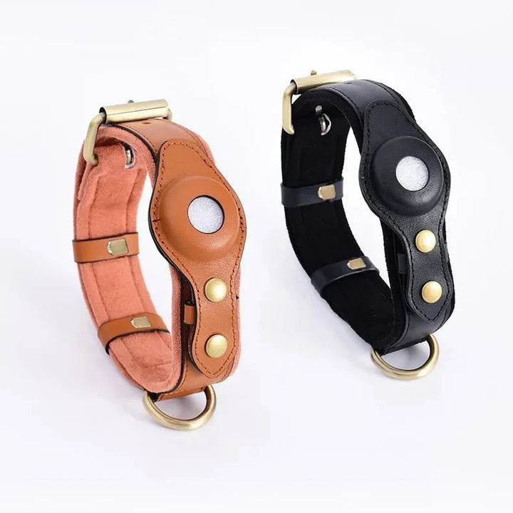 Collier chien anti-perte sécurisé avec traqueur GPS AirTag intégré, en cuir recyclé pour confort animal.
