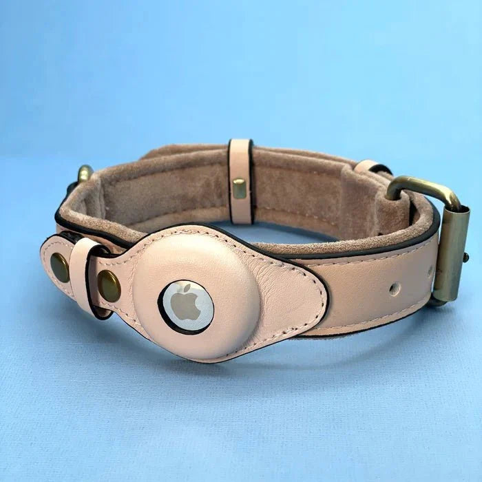 Collier chien confortable en cuir recyclé pour le bien-être de votre animal, avec support AirTag GPS.