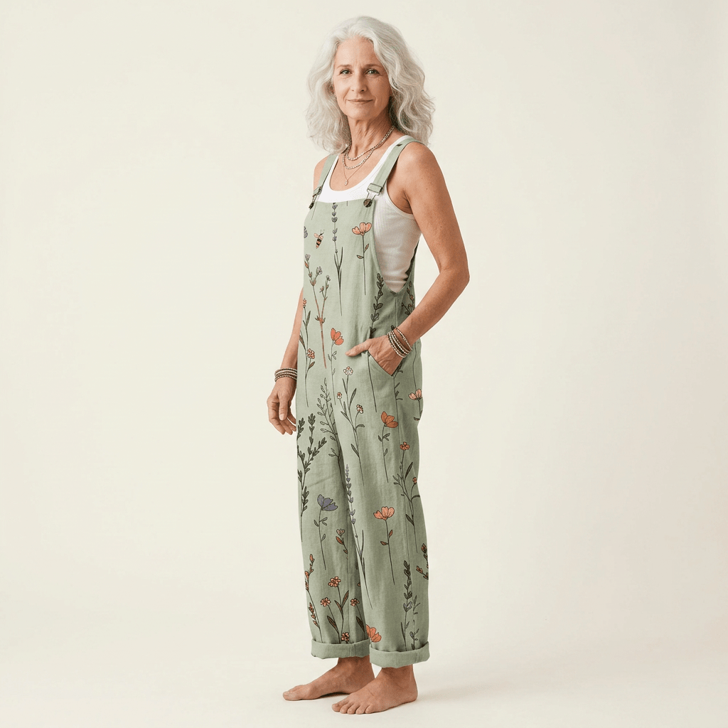 Jumpsuit femme ample à fleurs, couleur vert sauge, design élégant et confortable pour la mode féminine d'été.