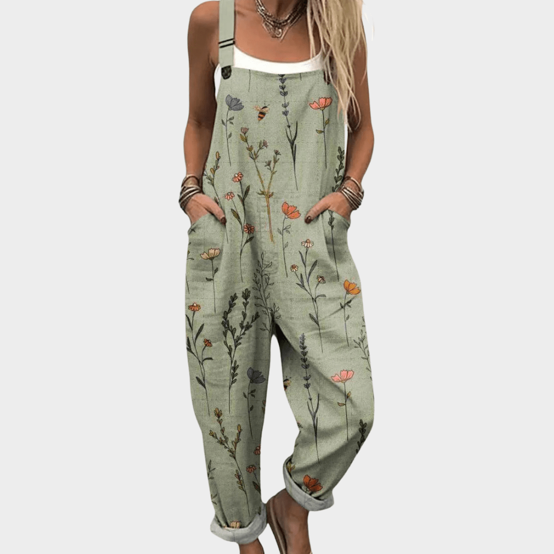 Salopette femme ample vert sauge à imprimé floral, confortable et décontractée, idéale pour l'été.
