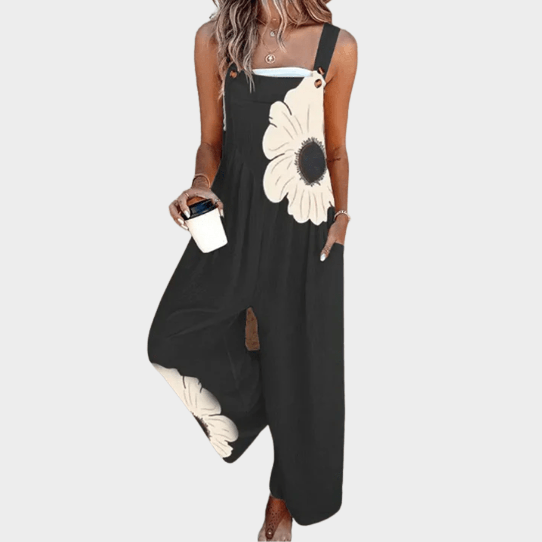 Salopette imprimée femme aux bretelles réglables, style décontracté et moderne pour le printemps-été.