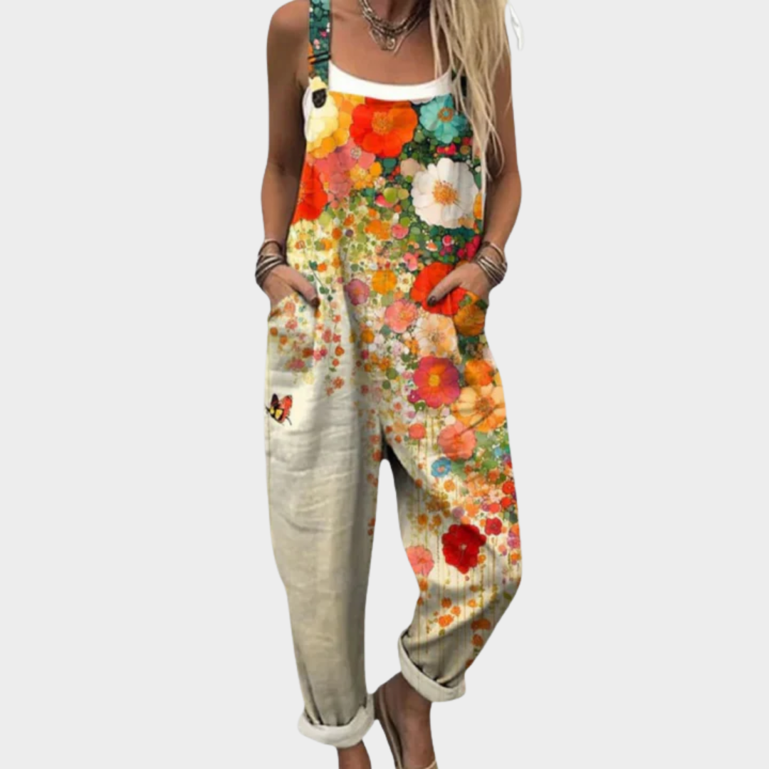 Salopette femme imprimée multicolore à motif floral, confortable et légère, pour un style d'été décontracté et tendance.