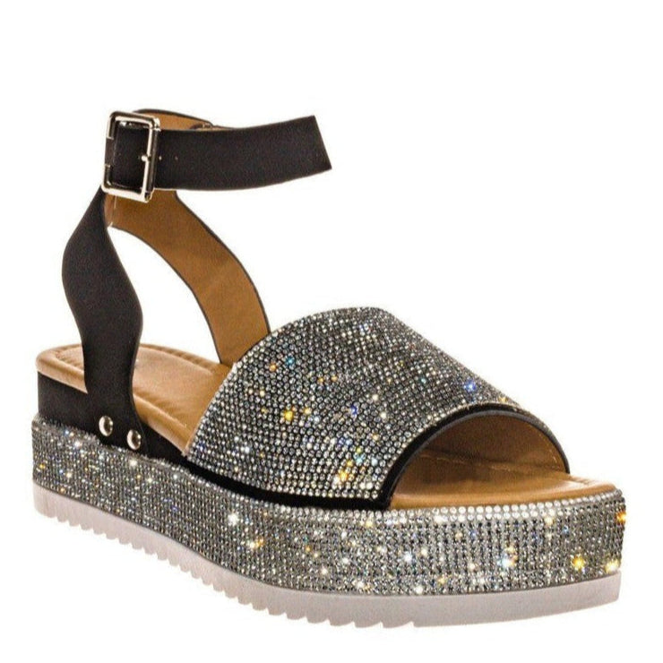 Chaussures d'été femme à plateforme flatform, ornées de strass brillants, pour un style chic et éclatant.