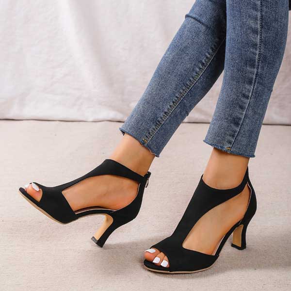 Sandales à talons bout ouvert femme, disponibles en rose ou noir, élégantes et confortables.
