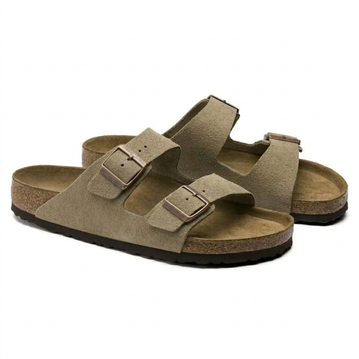 Sandales taupe femme avec brides réglables, soutien anatomique optimal.