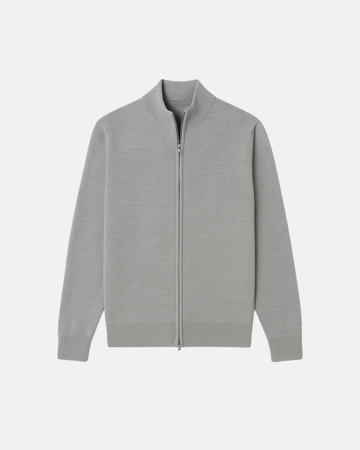 Cardigan zippé homme élégant en maille fine, parfait pour un look chic décontracté de mi-saison.