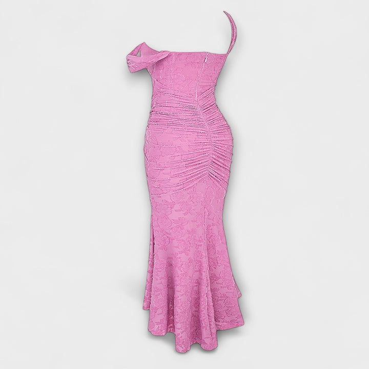 Robe longue femme raffinée, détails corset, pour occasion formelle.
