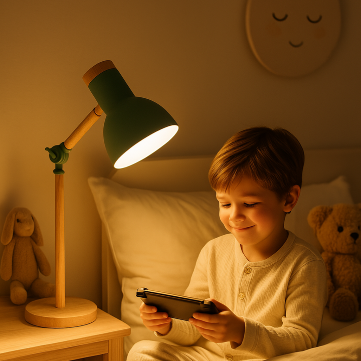 Luminaire de table en bois naturel, style scandinave avec lumière chaleureuse réglable pour ambiance cosy.