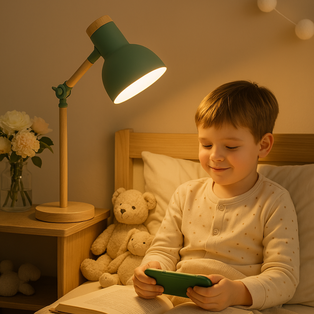 Éclairage d'appoint, lampe de table moderne en bois clair, lumière douce réglable pour salon ou chambre.