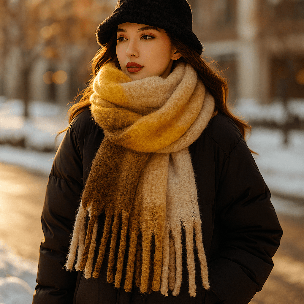 Écharpe femme en laine épaisse, chaude et confortable, idéale pour l'hiver et les froides journées.