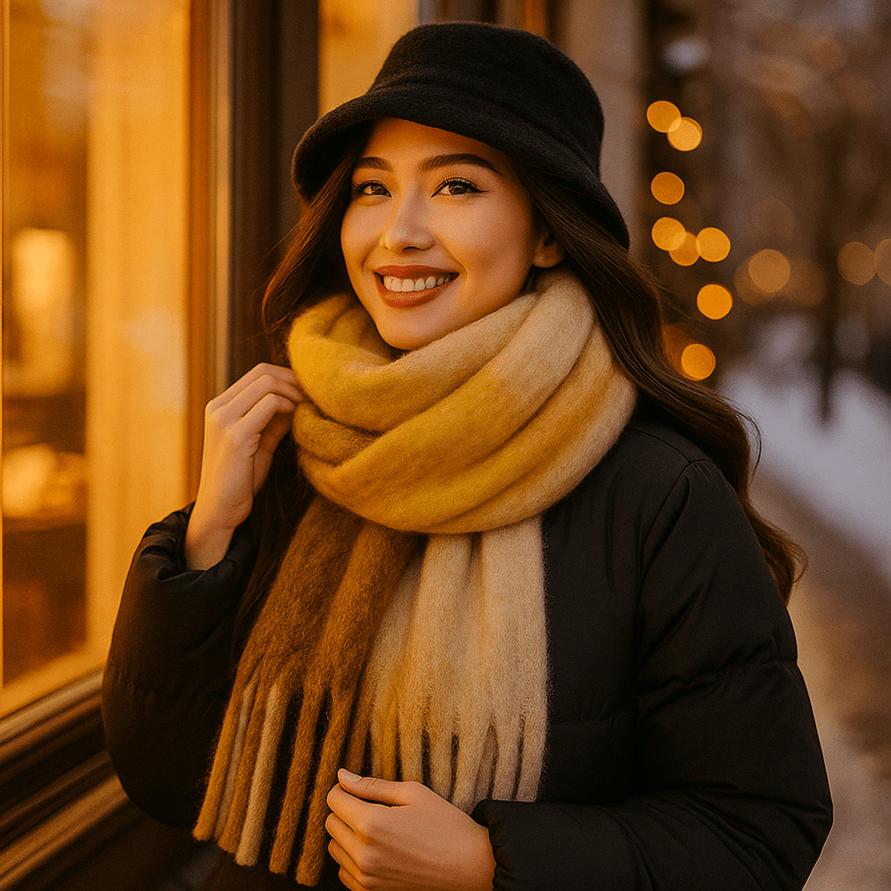 Accessoire de mode: écharpe stylée pour femme en laine épaisse avec de longues franges, très tendance.