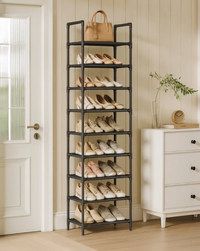 Étagère à chaussures étroite noire en métal et textile pour entrée, rangement gain de place élégant.