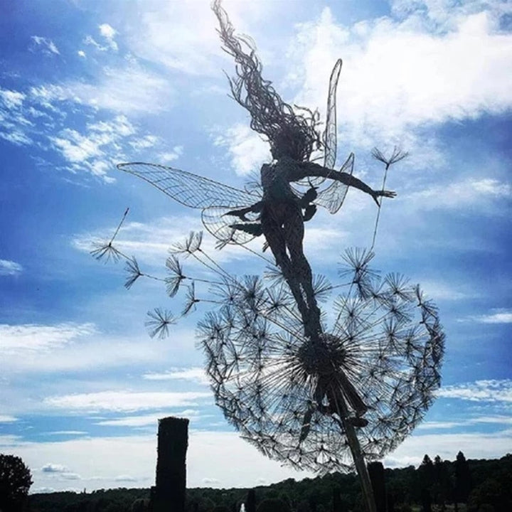 Fée pissenlit magique en métal, sculpture de jardin fantaisie pour décoration extérieure onirique.