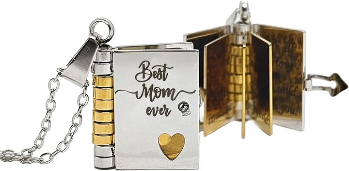 Collier femme personnalisé avec message secret gravé, design pendentif livre d'amour précieux.