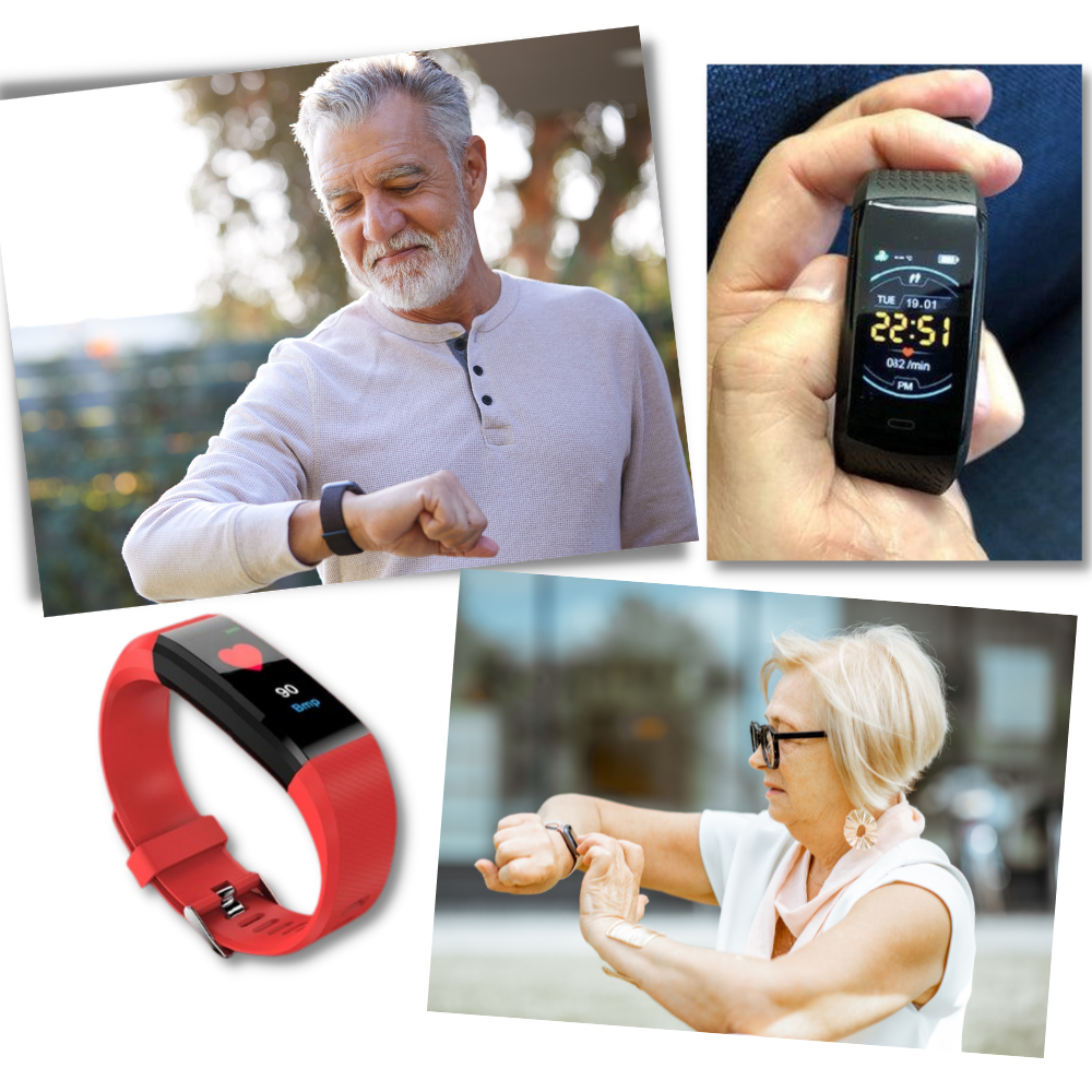 Bracelet connecté senior avec moniteur cardiaque et podomètre, pour une vie active et saine.