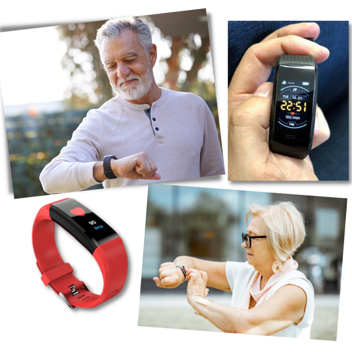 Bracelet connecté senior avec moniteur cardiaque et podomètre, pour une vie active et saine.