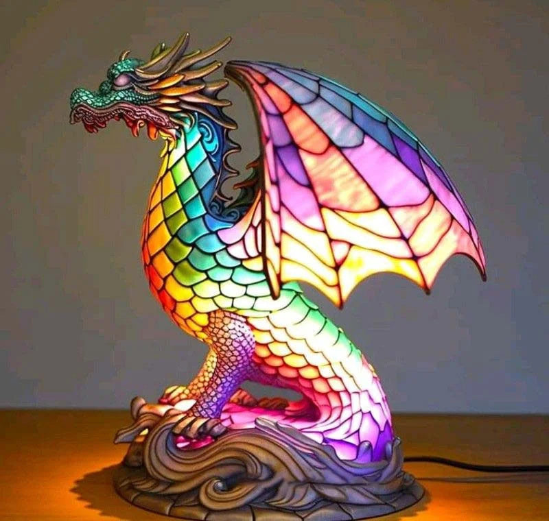 Lampe de table vitrail animaux, lumière enchantée, parfaite sur une table de chevet ou console.