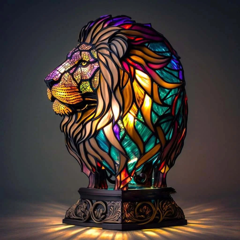 Veilleuse animaux colorés en vitrail, lampe de table offrant une lumière enchantée et apaisante.