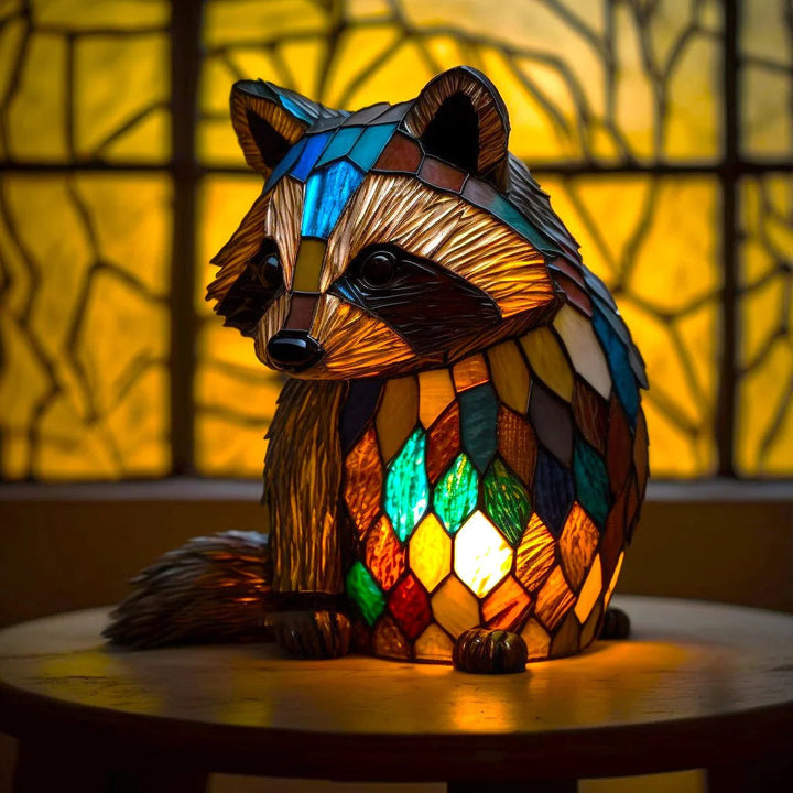 Créez une ambiance cosy avec cette lampe de table animaux colorés en vitrail lumineux.