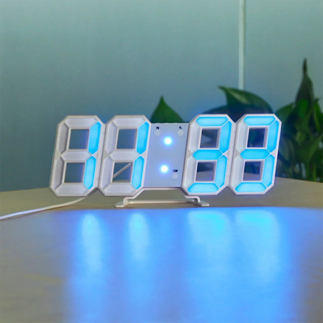 Décoration murale horloge LED 3D contemporaine pour un intérieur moderne et une ambiance lumineuse.